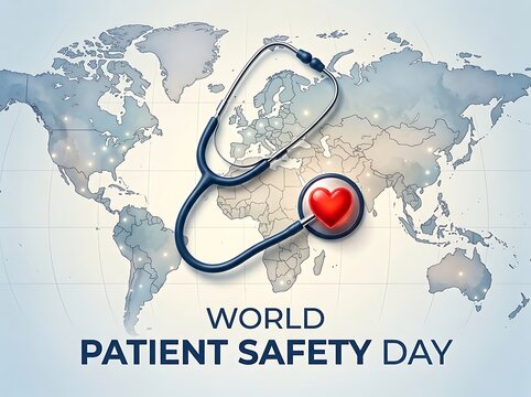 World patient safety day concept with stethoscope and heart on global map illustration