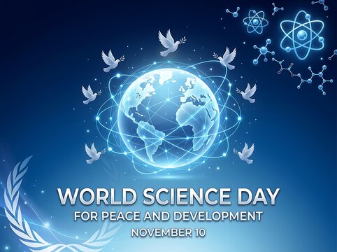 World science day for peace and development celebration with globe and doves illustration