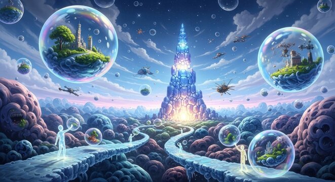 Surreal fantasy landscape with floating bubbles and crystal tower