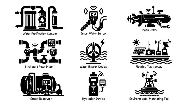 Smart Water Management Technology Icons.