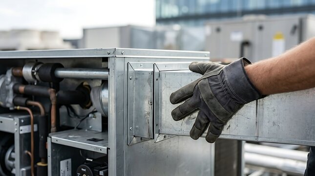 Technician performing maintenance on a commercial hvac rooftop unit