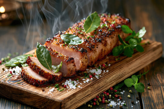 Smoked Pork Loin Sliced on Rustic Wooden Board AI Generative