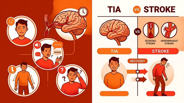 Medical infographic comparing symptoms and causes of stroke and tia