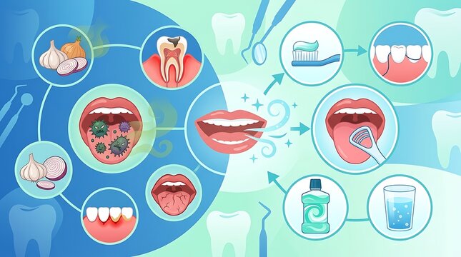 Dental hygiene infographic showing causes and solutions for bad breath