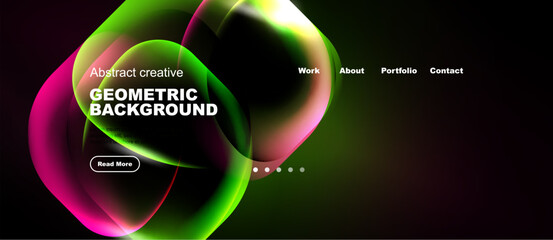 Naklejka premium Dynamic abstract design features vibrant gradients, geometric shapes, text elements, navigation menu. Modern aesthetic suitable website header.