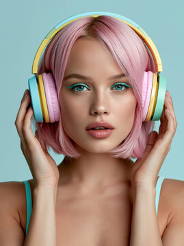 Woman with Pink Hair and Headphones - Generative AI - no real persons