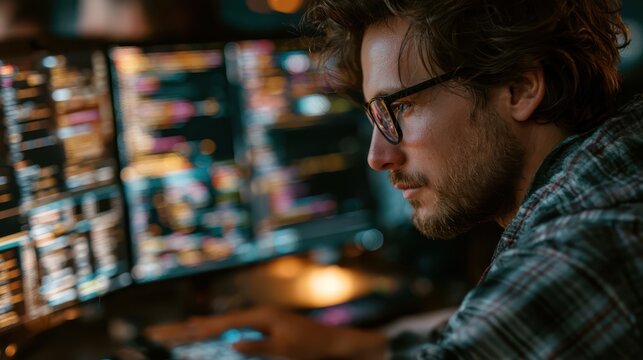 A focused man wearing glasses works intently on coding at a dimly lit computer setup with colorful lines of code on multiple screens.