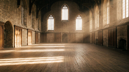 Fototapeta premium Watch Golden Sunlight Streaming Through High Architectural Windows Into A Completely Empty Prison Visiting Hall