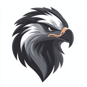 Fierce stylized eagle head with layered grey feathers, sharp hooked beak and intense narrowed eye &mdash; bold vector mascot illustration on white background