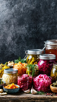 Assorted Fermented Vegetables and Pickled Foods in Glass Jars. AI generative.