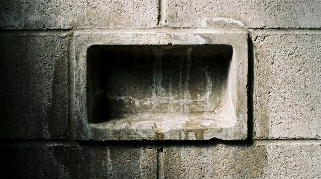 Small empty soap dish carved directly into a gray cinderblock wall inside a shower stall