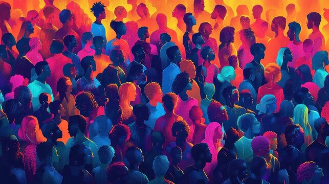 Vibrant crowd of diverse silhouetted people in colorful gradient light, profiles and varied hairstyles creating an energetic, connected atmosphere