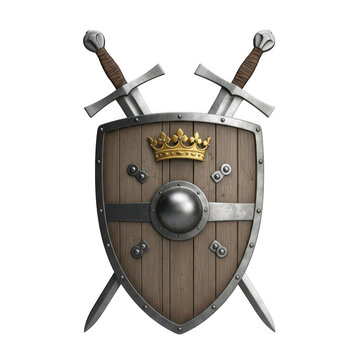 Medieval shield with crossed swords and crown isolated on transparent background