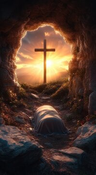 sunlit wooden cross on a hill seen from a rocky cave tomb entrance with a shrouded burial cloth in the foreground, glowing sunrise evoking solemn hope and renewal