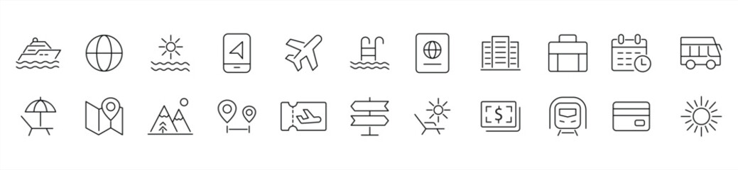 Travel-themed line icon set. Travel symbols. Icons with adjustable line weight for summer, vacation, hotel, and cruise themes. Vector illustration. © GraphicGlow