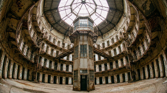 Beautiful historic central rotunda inside a vintage panopticon prison featuring dark radiating cell block wings