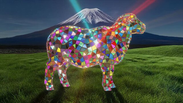 Prismatic Mosaic Sheep by Mount Fuji 4K Generative AI