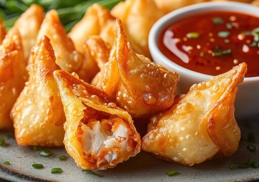 crispy golden fried dumplings filled with creamy crab and cheese, served with sweet chili dipping sauce and chive garnish, tempting and mouthwatering