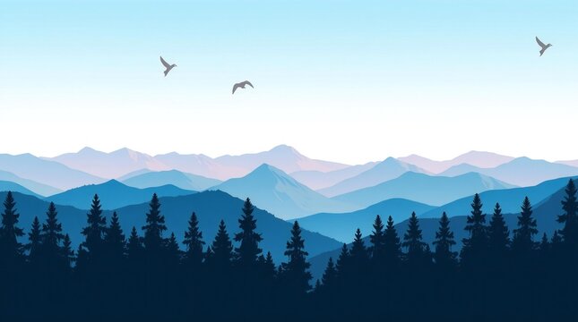 Serene mountain landscape with pine forest and birds flying in sky