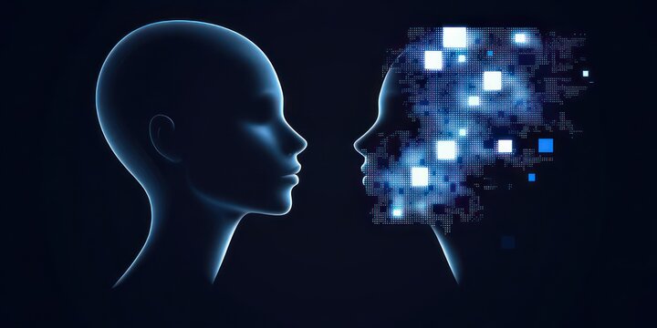 two glowing blue human profiles facing each other, one with an obscured face and the other breaking into pixelated light, evoking futuristic tension and introspection