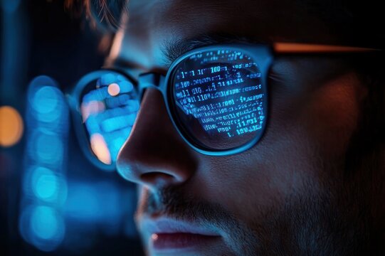 Close-up of a focused young man wearing glasses with blue computer code reflected in the lenses, intense concentration in low light