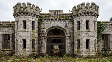 Fototapeta premium Spooky old prison facility showcasing a dark stone jail building facade alongside massive iron gates