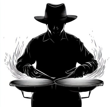 Mysterious silhouetted percussionist in a wide-brim hat intensely playing two conga drums with sticks, dramatic black-and-white illustration with swirling motion lines and focused rhythm