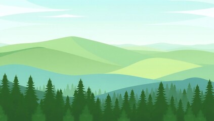 Fototapeta premium Serene green mountain landscape with evergreen forest in the foreground