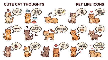 Fototapeta premium Cute Cat Thoughts and Pet Life Icons Collection