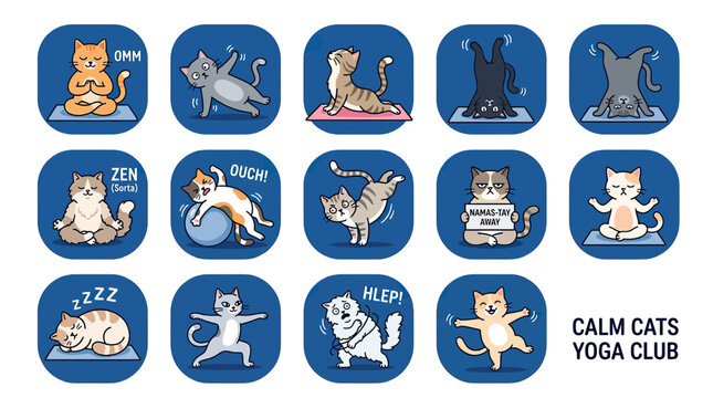Cute Cat Yoga Poses Illustration - Funny Feline Fitness and Meditation Set
