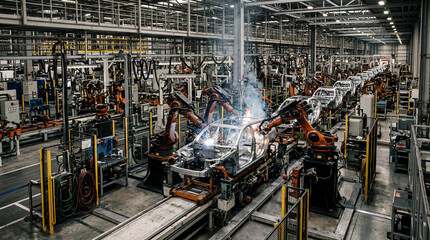 Fototapeta premium Modern Efficient Automotive Assembly Line Moving Unpainted Bare Vehicle Frames Rapidly Through Robotic Factory Stages