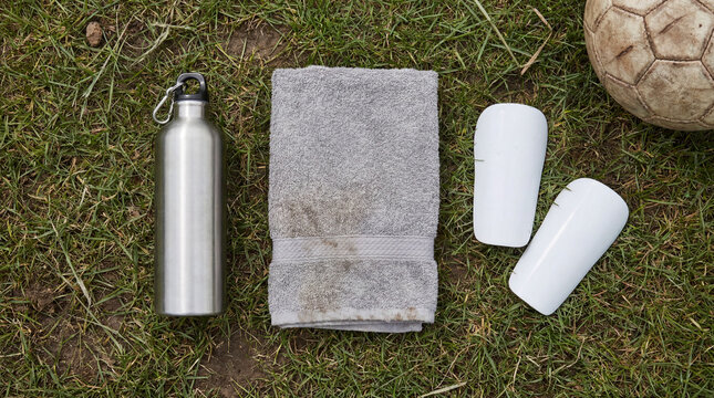 Plastic hydration water bottle folded soft towel and protective shin guards arranged aesthetically for football