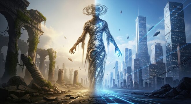 Surreal figure between ancient ruins and futuristic cityscape