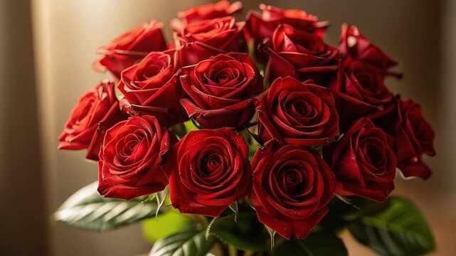 Serene video of a vibrant bouquet of red roses with delicate petals in natural light