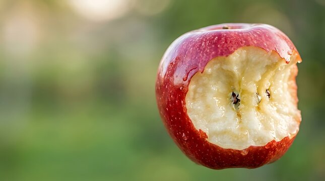 Red apple with a large bite against a blurred green background