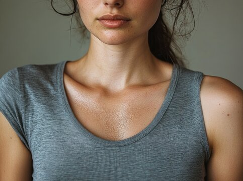 Close-up of woman's lower face, neck and glistening collarbones in a gray tank top conveying quiet exhaustion and calm