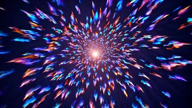 Bright view of neon abstract portal flying fast through glowing blue and violet light particles creating psychedelic tunnel pattern filled with magic space energy movement background zoom