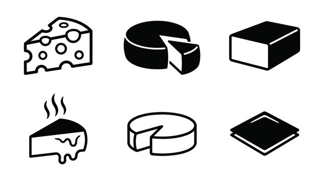 Cheese slices and dairy product icon set in black and white