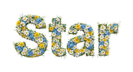 Naklejka premium Word Star Written in Beautiful Colorful Flowers Composed of Daisies and Forget-me-nots Isolated on White Background
