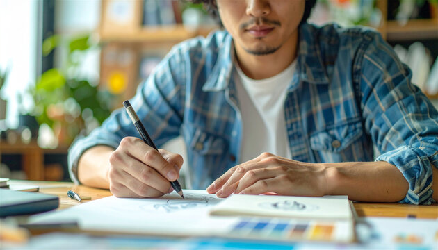 デスクでスケッチを描くクリエイティブなデザイナーの制作風景｜手描きイラスト制作やデザイン、仕事、ワークスペースを表現した写真素材