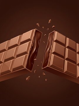 Chocolate bar snapping in half with gooey liquid center