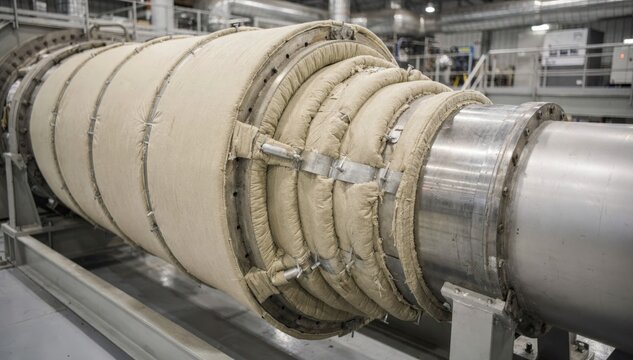 Insulated rotary dryer closeup in medium shot featuring thermal insulation around the rotating drum highlighting energy efficiency during mineral drying operations.