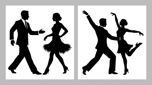 Black vector silhouette set of elegant couples performing latin ballroom dances like salsa and tango