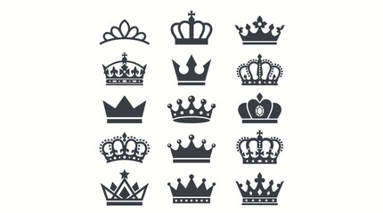Collection of black crown silhouettes and tiara icons on white background © matahari