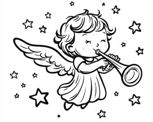 Obraz premium smiling winged child angel playing a trumpet while flying among stars, joyful and peaceful line art illustration