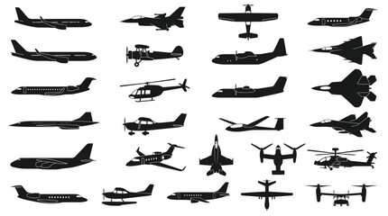 Set of black aircraft silhouettes isolated on white background © matahari