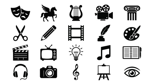 Extensive collection of black and white vector icons representing diverse artistic and creative fields