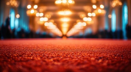 Fototapeta premium Low-angle close-up of a red carpet leading down an elegant hallway with blurred chandeliers, warm golden bokeh and distant silhouetted figures, inviting luxurious atmosphere
