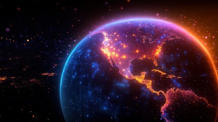 Fototapeta premium Glowing digital Earth from space showing North, Central and northern South America with bright city lights, neon network grid, stars and a vibrant futuristic sense of connection and awe
