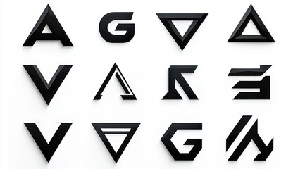 Fototapeta premium twelve black geometric three-dimensional letterform and symbol shapes on white background conveying modern minimalism and bold precision
